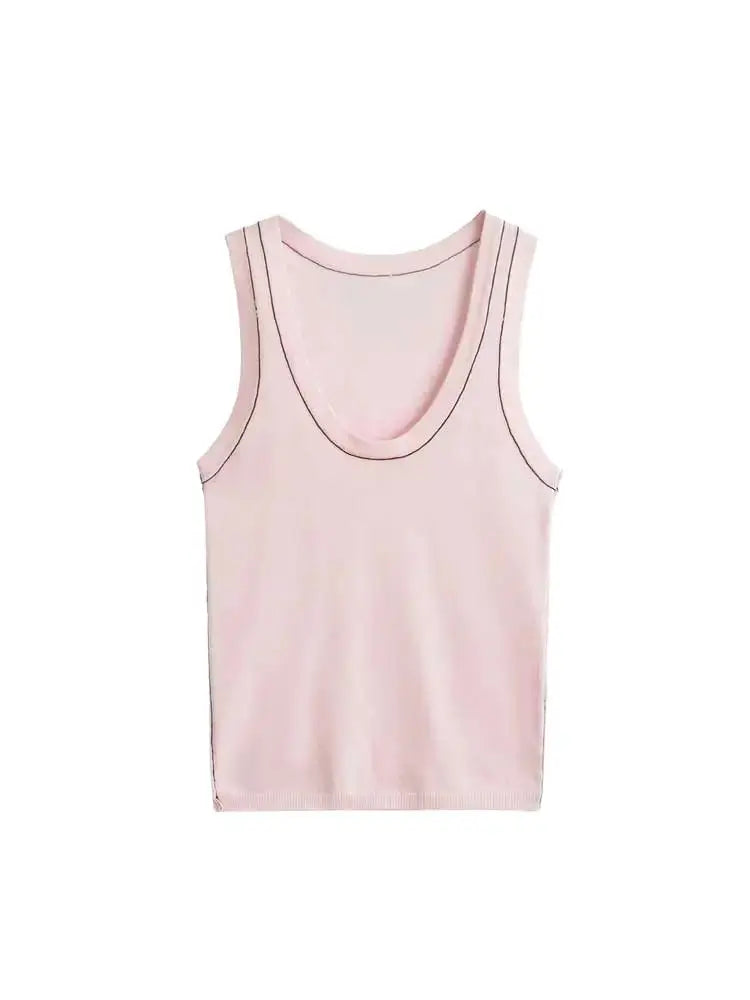 Women's Sleeveless Knit Tank Tops V Neck/Contrast Trims Female Vest Fashion