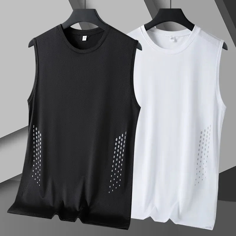 Men Summer Mesh Sleeveless Vest Ice Silk Printed Round Neck/Loose Running Fitness Tank Top Breathable Athletic