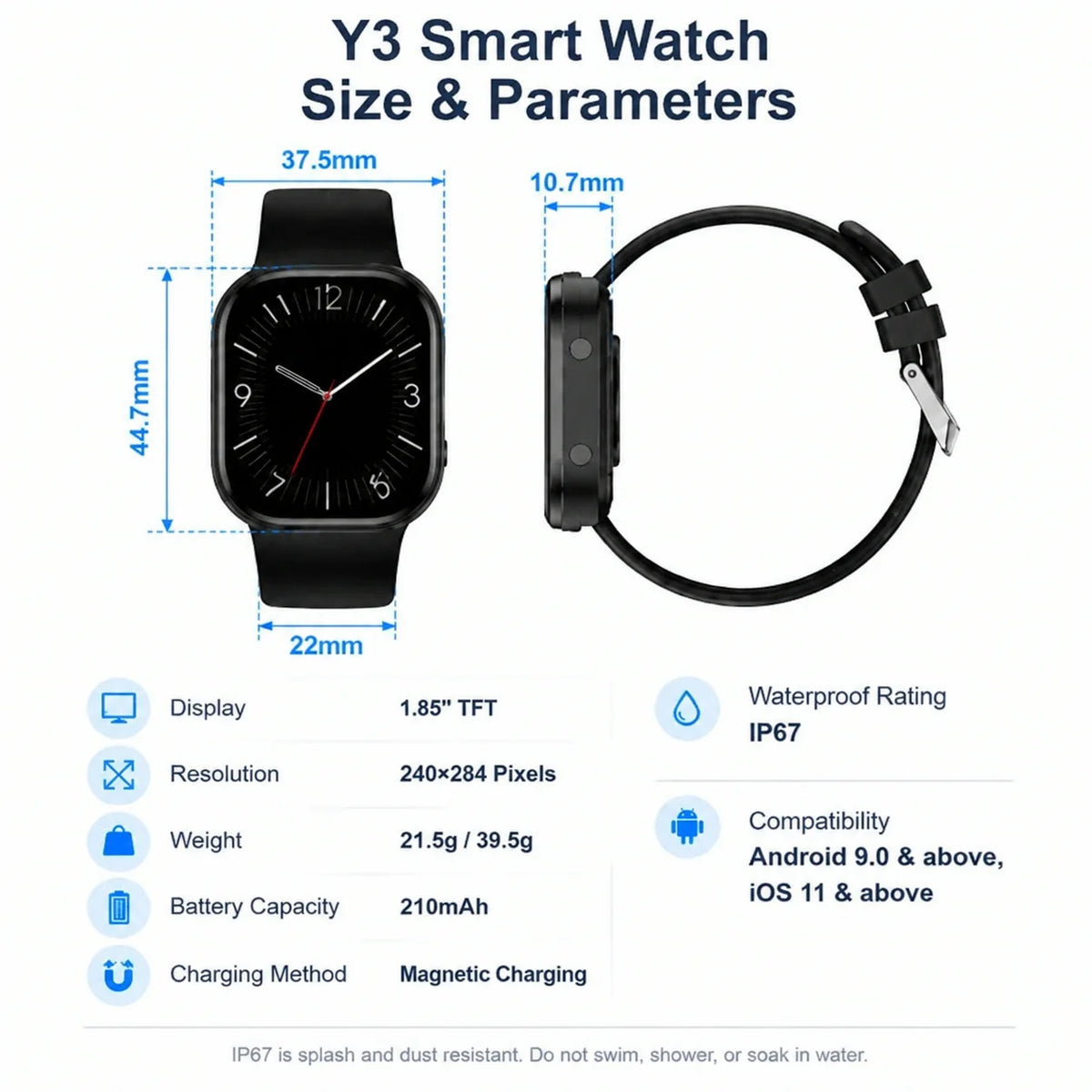 Y2 Smart Watch Bluetooth Call 1.88" TFT Screen IP67 Waterproof/Fitness Watch Heart Rate Blood Oxygen Monitor