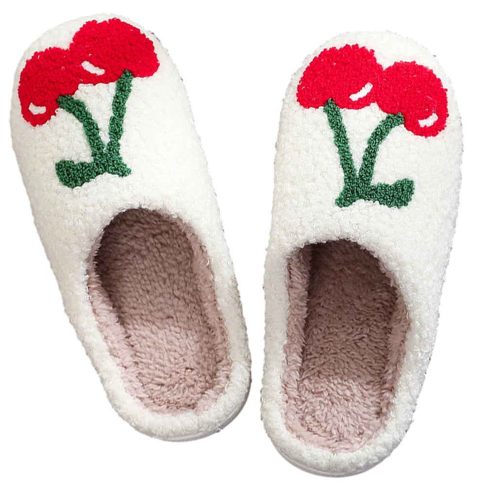 Women Casual Fluffy Slippers Non-Slip Cherry/Home Cotton Shoes Warm Cute Indoor Shoes