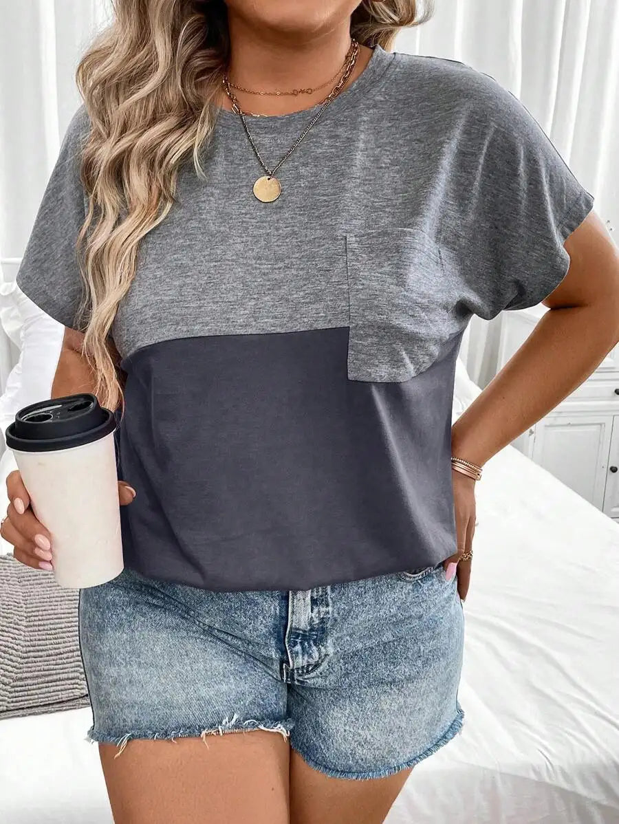 Color Block Pocket T-Shirt/with Batwing Sleeves for Women