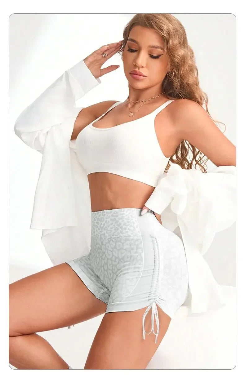 Women High Waist Yoga Shorts Side Drawstring Sexy Leopard Print/Sports Shorts Gym Athletic Running Leggings Workout Shorts