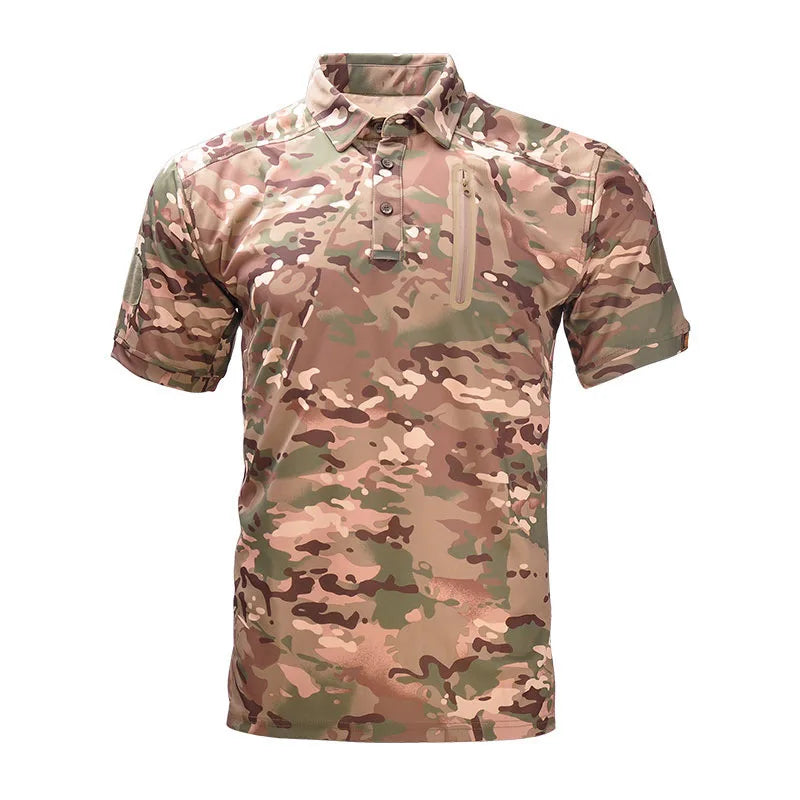 Men Camo T-Shirts Quick Dry Short Sleeve Shirt Camping Outdoor/Hiking Top Hunting Men Lapel Collar Clothing Breathable