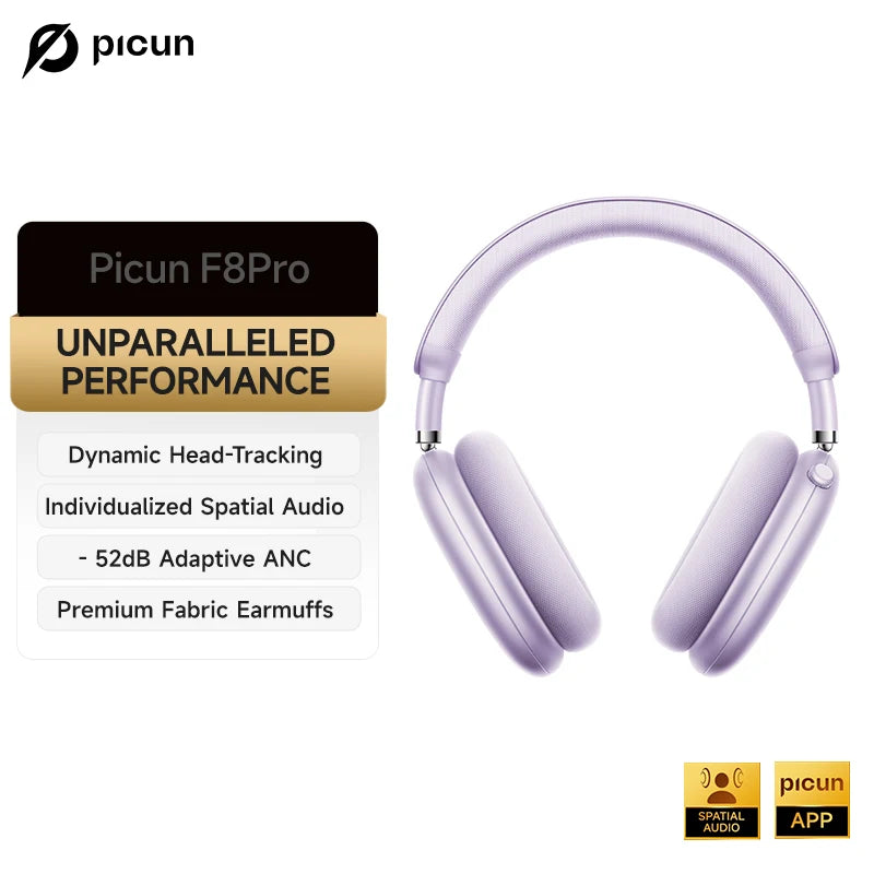 Picun F8 Pro ANC Wireless Headphones 3D Spatial Audio Head Tracking/52dB ANC HIFI Bluetooth Headset ENC HD Mic Low-Latency APP