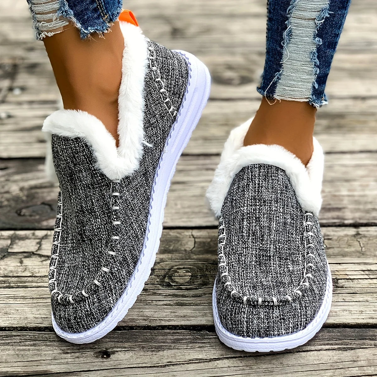 Women Winter Denim Fabric Fuzzy Fleece Lined Loafers Slip On/Warm Moccasin Shoes Non Slip Wear-resistant Soft Sole