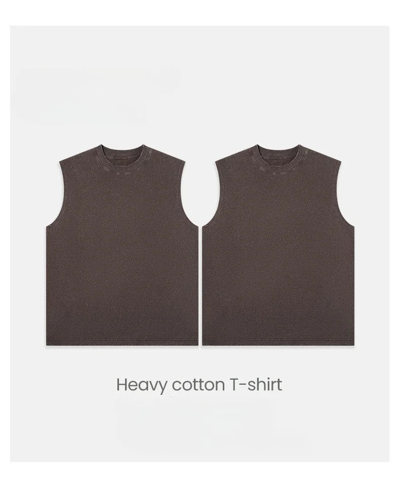 230g Pure Cotton European and American High Street Retro Washed/Distressed Sleeveless Vest Men's Casual Loose Shoulder T-shirt