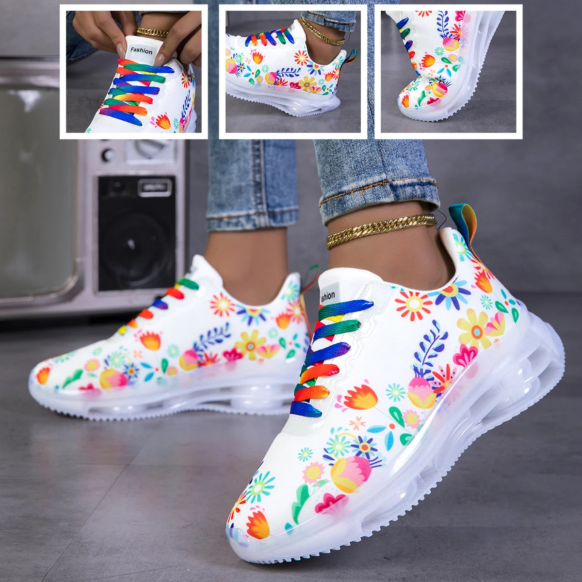 Women Floral Print Air Cushion Sneakers Colorful Rainbow Laces/Breathable Lightweight Shock Absorb Non Slip Lace Up Running Shoes