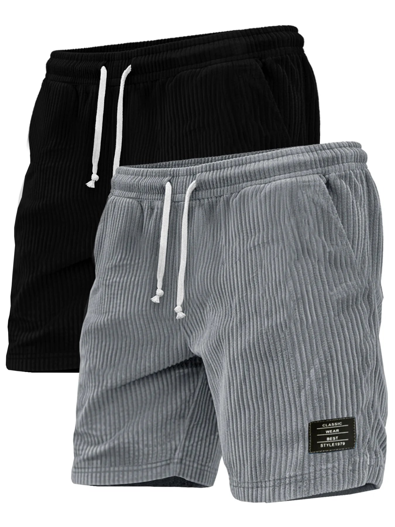 2-piece set of thick striped black label men's corduroy casual shorts/summer retro logo lace up loose sports five quarter pants