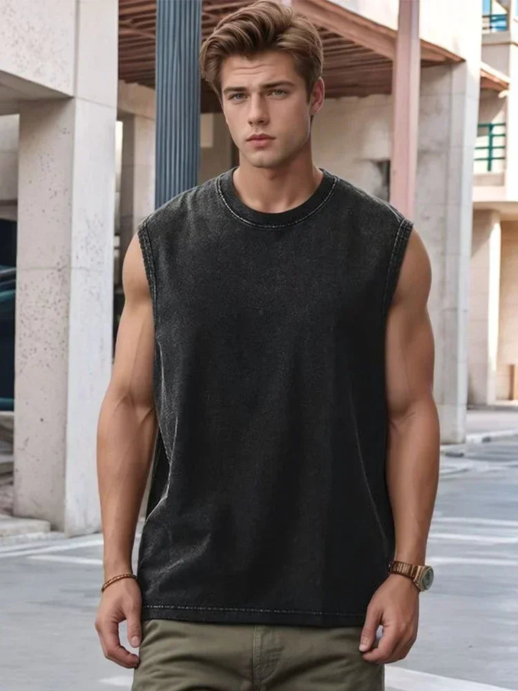 Men Tank Top 100% Cotton 230G Heavyweight Washed Vintage/Oversized Summer Street Casual Sleeveless Shirt