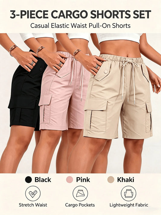 3pcs Women's Cargo Bermuda Shorts Elastic Drawstring Waist/Lightweight Loose Fit Multi Pocket Casual Summer Shorts