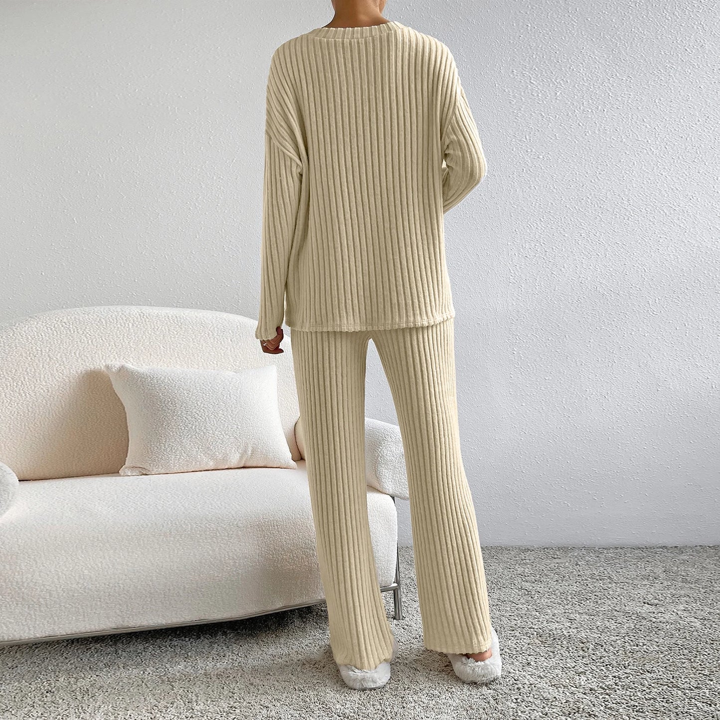 Women Long Sleeve Tops & Palazzo Pants Set/Solid Color Knit Pullover Shirts And Pants