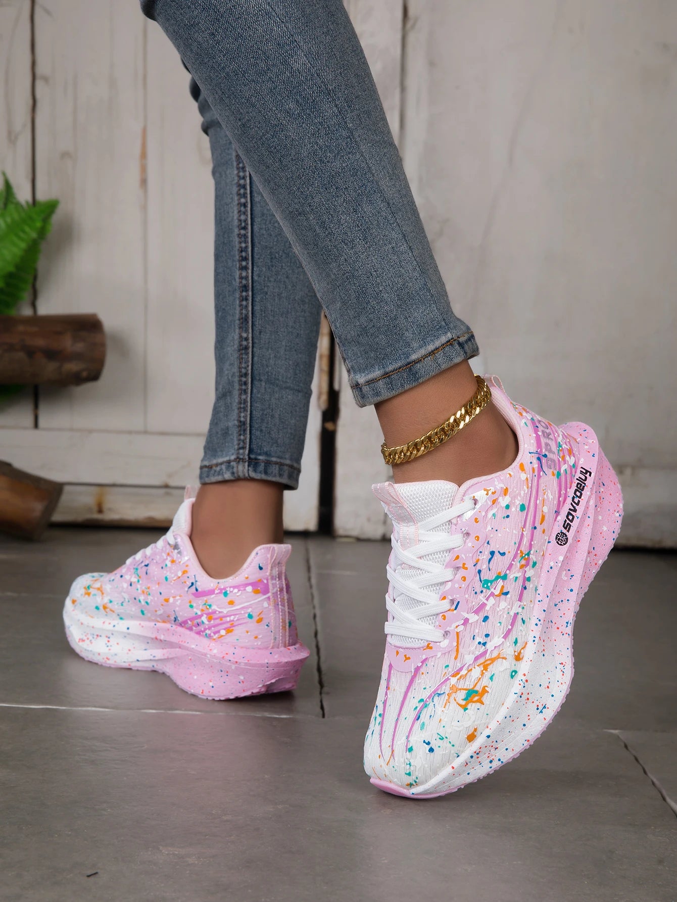 Women Splatter Paint Gradient Running Sneakers Breathable Flying Weave/Mesh Lightweight Shock Absorb Non Slip Fashion Athletic