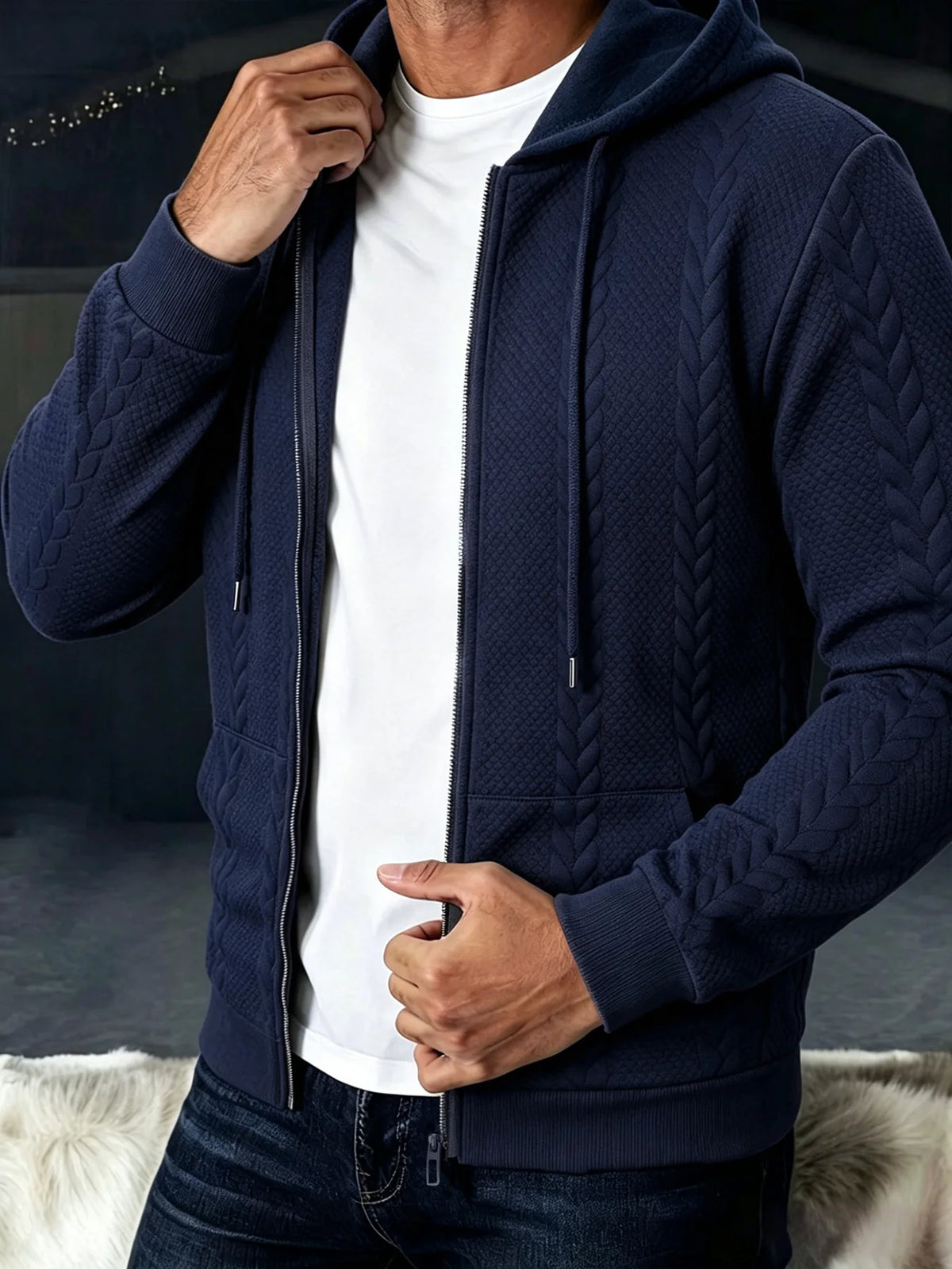Men's Textured Zip Hooded Sweatshirt Full Zipper Jacket/Kangaroo Pocket Ribbed Cuffs Warm Casual Street Outerwear