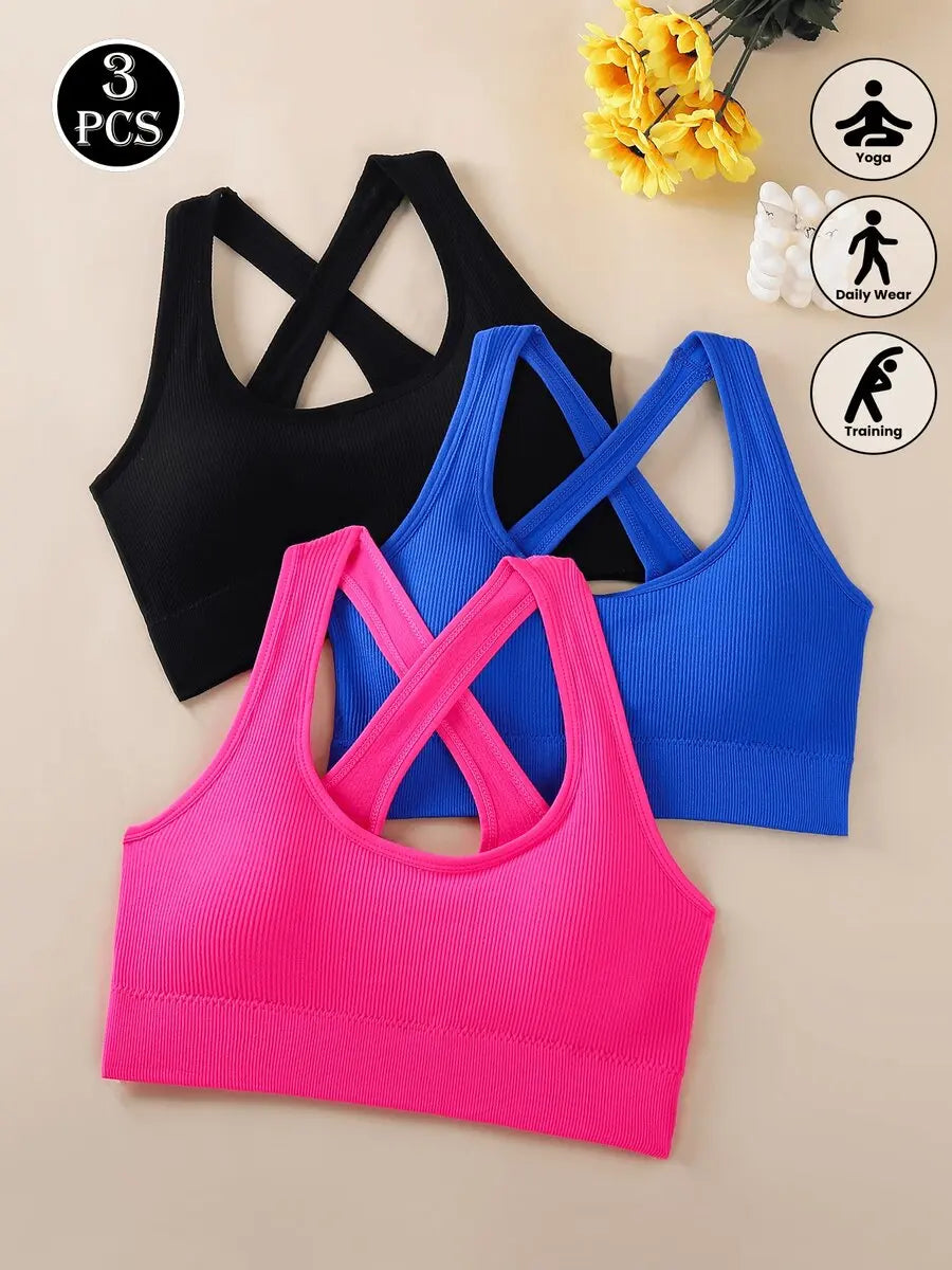 3pcs Criss-Cross Strap Sports Bra For Women Yoga Gym/Running Racerback Crop Top Can Be Worn Outerwear