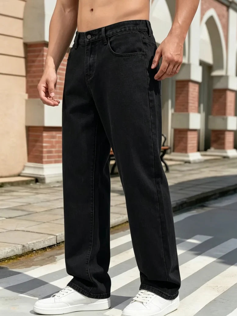 Men's Casual Straight-Leg Jeans, Y2K Street Style Loose Denim Trousers/Men's Casual Straight Jeans, Pure Black Pants