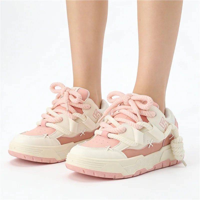 Pink Chunky Heel Platform Women Sneakers Fashion Runway/Sweet Outdoor Casual Trainers Large Size All Match Sport Shoes