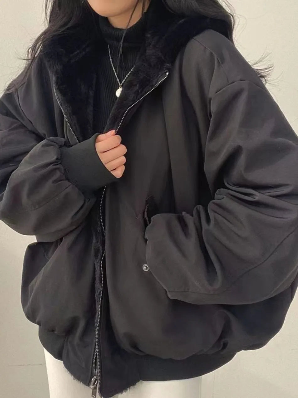 Thick Warm Fashionable Double-sided Cotton Jacket for Women's Clothing/Winter New Casual Zipper Hooded Cotton Jacket for Tops