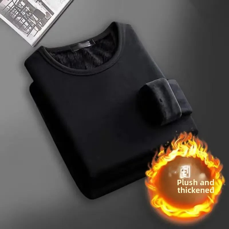 Men's Long Sleeve Thermal Underwear Fleece Lined Thick T-Shirt/round Neck Slim Fit Base Shirt Pure Color Inner Wear Autumn Top
