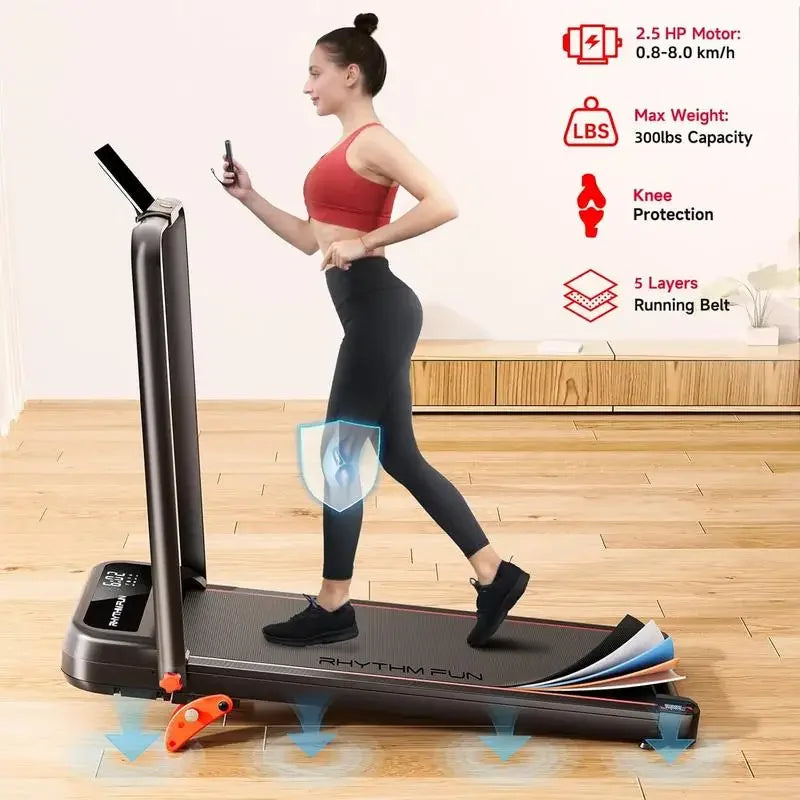 RHYTHM FUN 8° Incline Foldable Treadmill Under Desk Walking Pad/for Office Home Gym 300 Lbs Portable Exercise Equipment