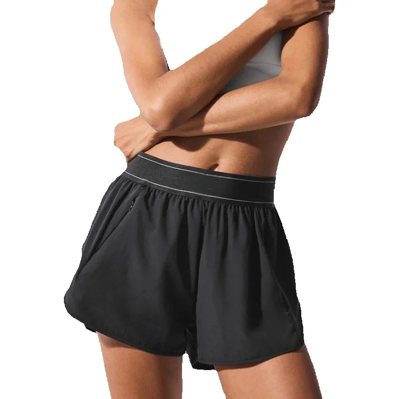 Al Yoga Fitness Shorts Women's Loose Side Zippered Pockets Gym Shorts/for Running and Exercising Drawstring Outdoor Shorts