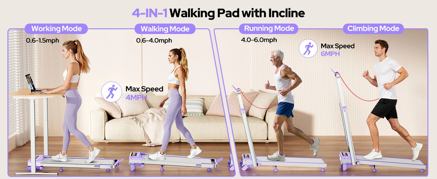 Walking Pad Treadmill with 15% Incline/Adjustable Height,3.5HP Walking Pad/with Handle Bar Foldable Under Desk Treadmill 350LBS
