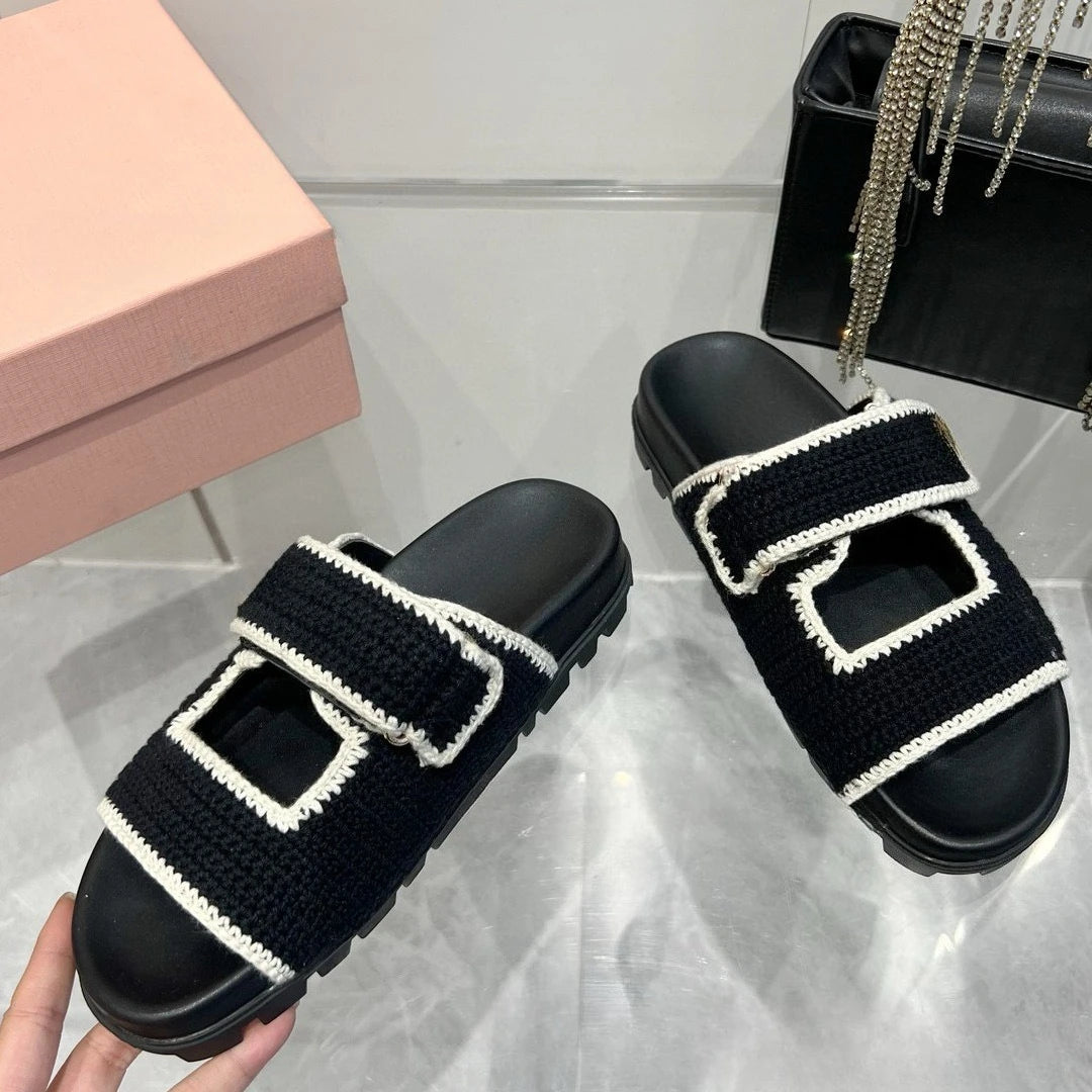 Summer New Women's Woven Fabric Flat Sandals Open Toe/Single Strap Slide Sandals Thick Sole Casual Outdoor Beach Shoes