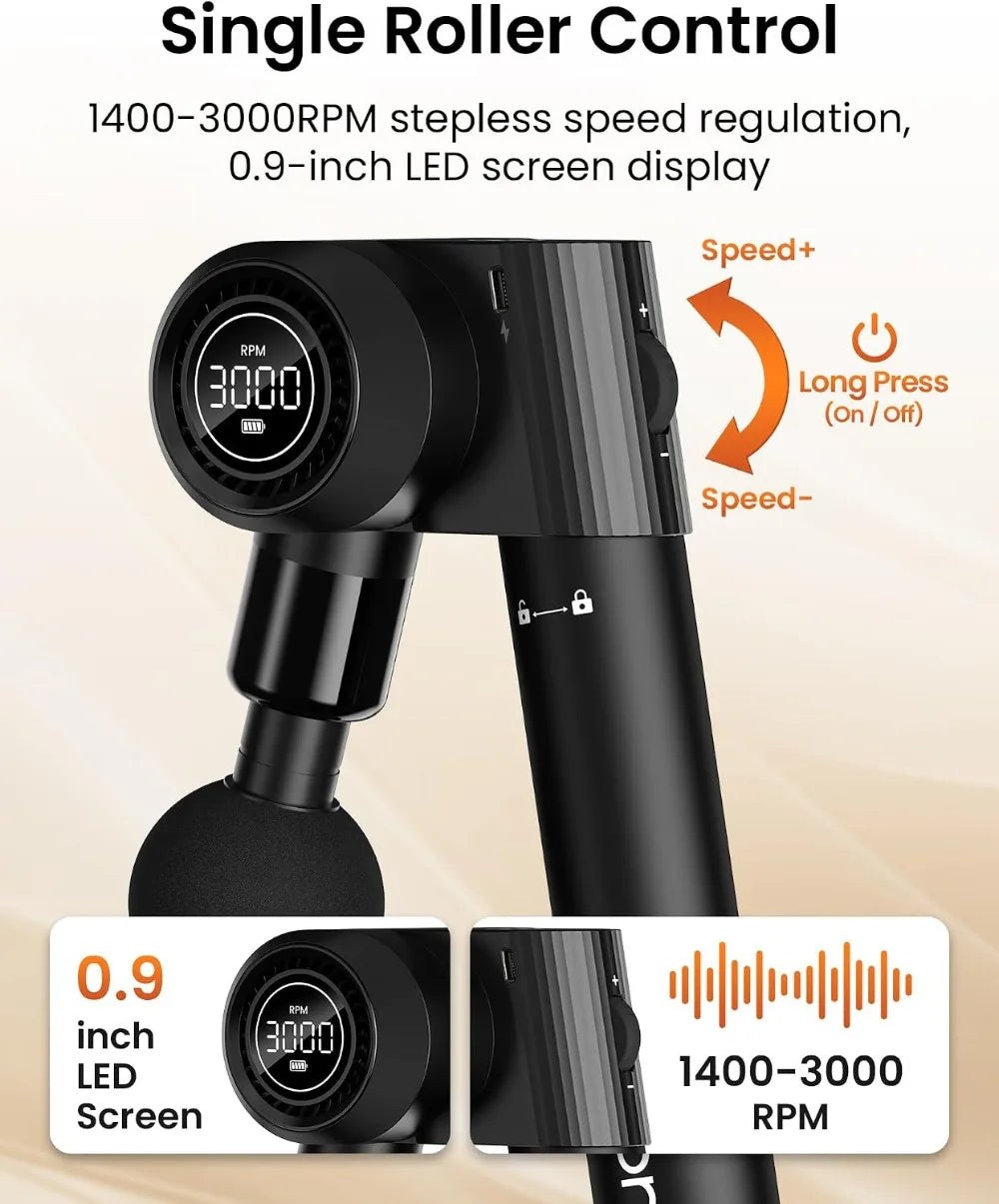 Foldable Massage Gun with Extension Handle 5 Adjustable Angles/Deep Tissue Back Massager 32 Speeds, 6 Heads, Quiet & Portable
