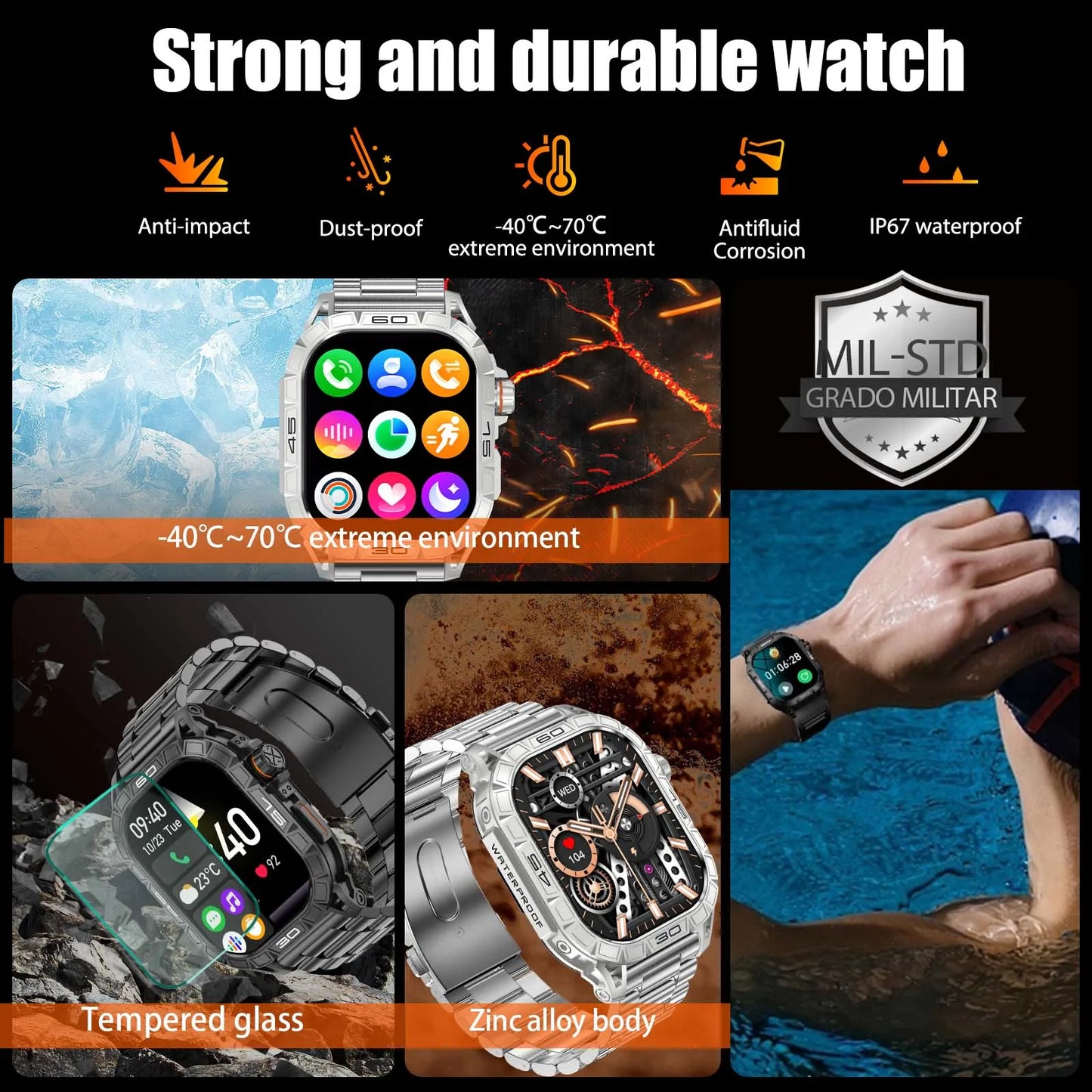 EIGIIS New Smart Watch ED Display 100+ Sport Mode With Compass/IP68 Waterproof Bluetooth Call Heart Rate Blood Pressure Men K63
