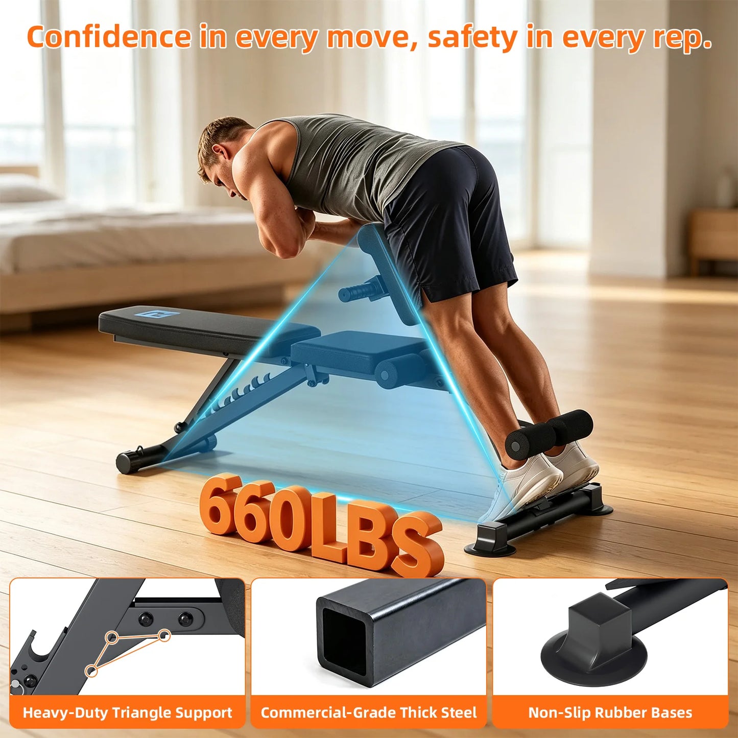 Multifunctional 6-Gear Angle Adjustable Workout Roman Chair/Heavy-Duty Triangle Support Fitness Bench with Pull Ropes