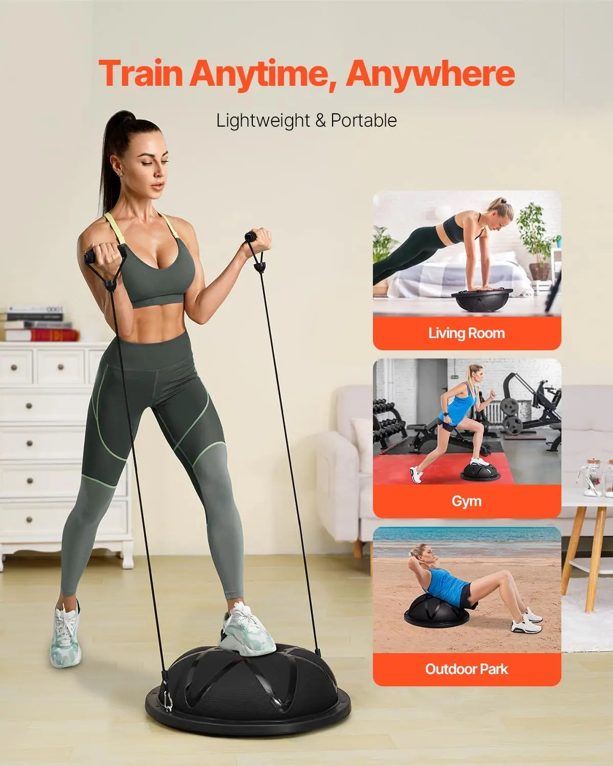 Half Exercise Balance Ball, 23/26 Inch Stability Trainer/with Resistance Bands and Pump for Home Gym Full Body Workout