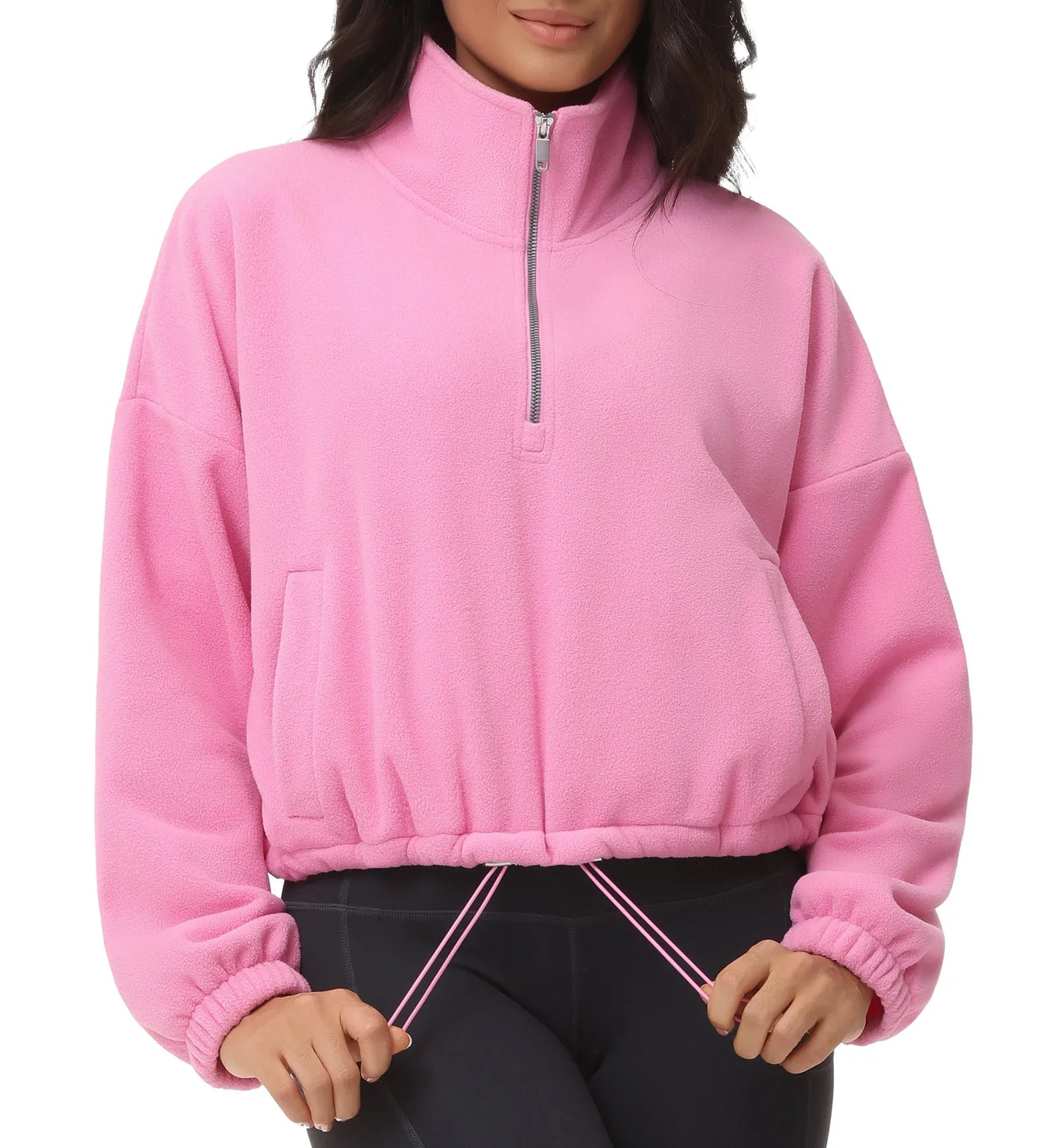 THE GYM PEOPLE Women’s Half Zip Crop Pullover Sweatshirt Fleece/Loose Fit Workout Tops with Pockets Drawstring