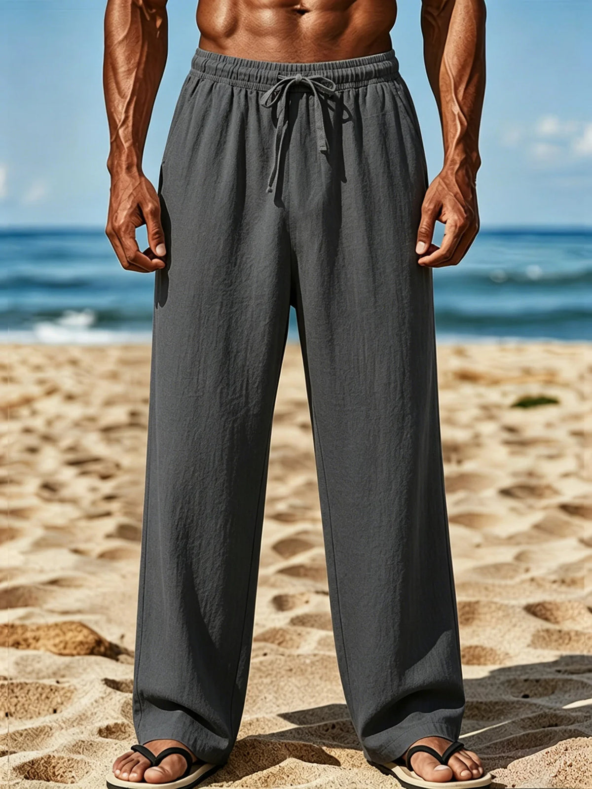 Men's Casual Wide Leg Pants Elastic Waist Drawstring Loose Straight Trousers/with Pockets Lightweight for Beach Vacation Daily Wear