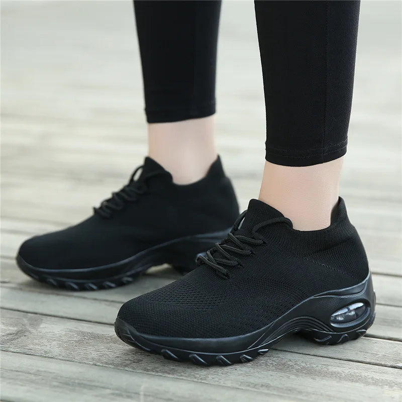 Women Casual Sports Shoes Mesh Breathable Thick Sole/Air Cushion Sneakers Anti-slip Lace-up Walking Shoes For Daily Outdoor Fitness