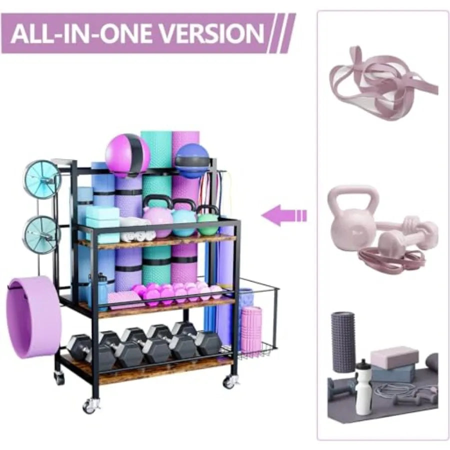 4-Tier Large Capacity Gym Storage Rack for Dumbbells Kettlebells Foam Roller/Yoga Mat Resistance Bands with Hooks and Wheels