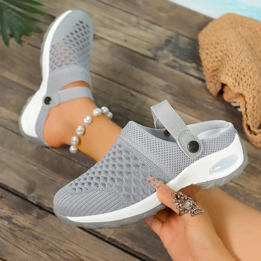 Women Breathable Mesh Platform Clog Sandals Air Cushion Non-Slip/Thick Sole Open Back Adjustable Back Strap Slip On Walking Shoes
