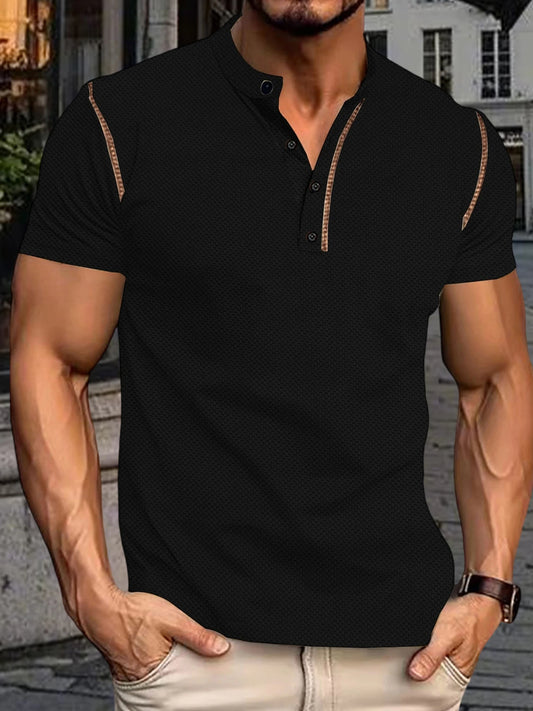 Men s  Fit Henley Short Sleeve T-Shirt with Contrast Stitching/Casual Summer Top for Streetwear Style