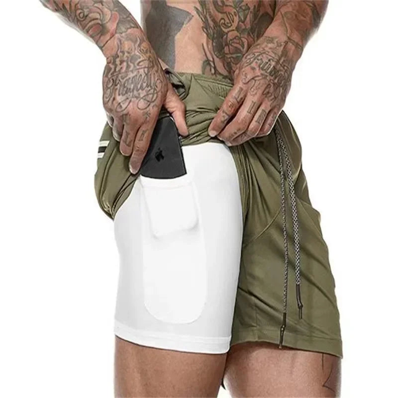 Men Double Layer Fitness Shorts Men Fitness Gym Training 2 in 1/Sports Shorts Quick Dry Workout Jogging Double Deck Summer