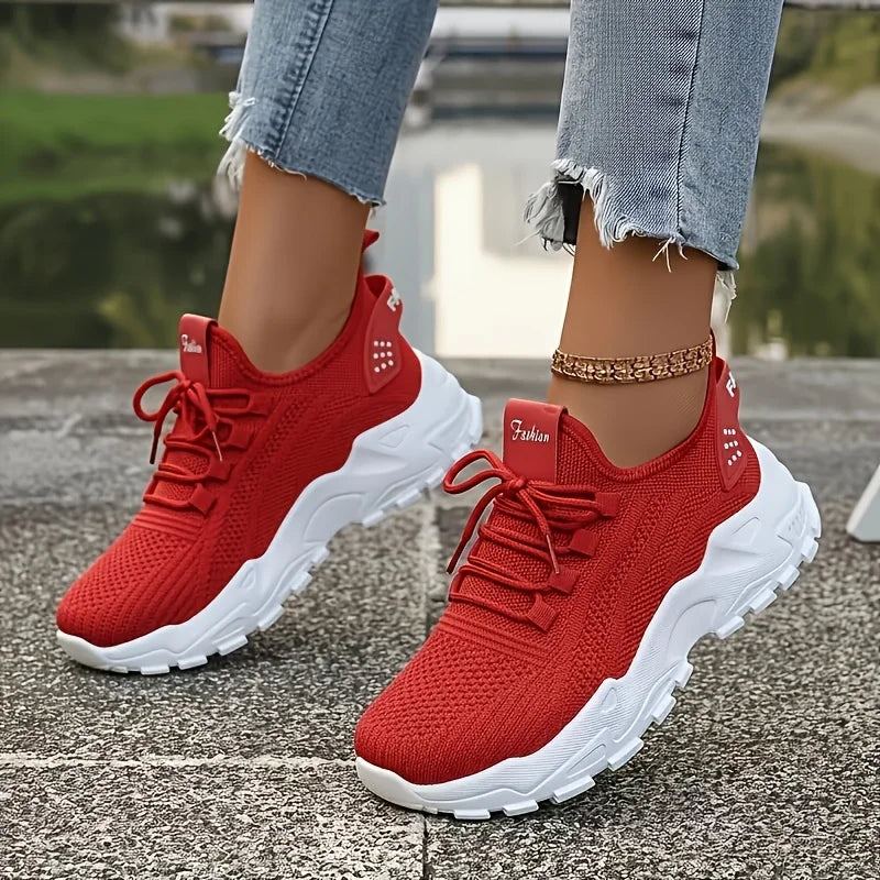 Women Chunky Platform Dad Sneakers, Knit Mesh Lace Up/Wavy Sole Casual Shoes Thick Bottom Non-slip Walking Trainers