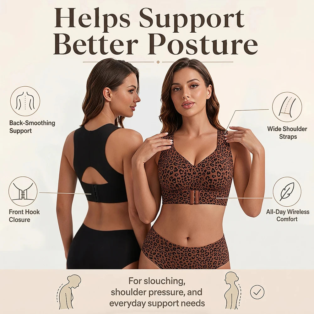 Women Wireless Posture Bra, Front Closure Cross Back Design/Wide Strap Full Coverage Back Support Comfort Daily Underwear