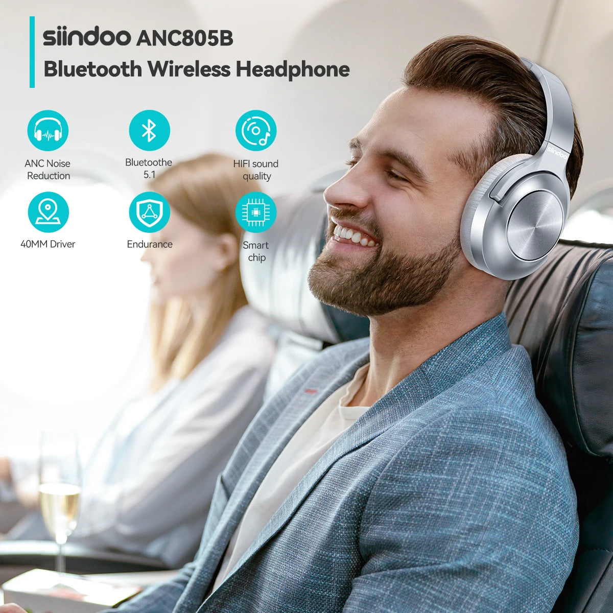 Siindoo JH-ANC805B Active Noise Cancelling Wireless Headphones/Over Ear with Mic BT 5.3 HiFi Stereo Headset Deep Bass