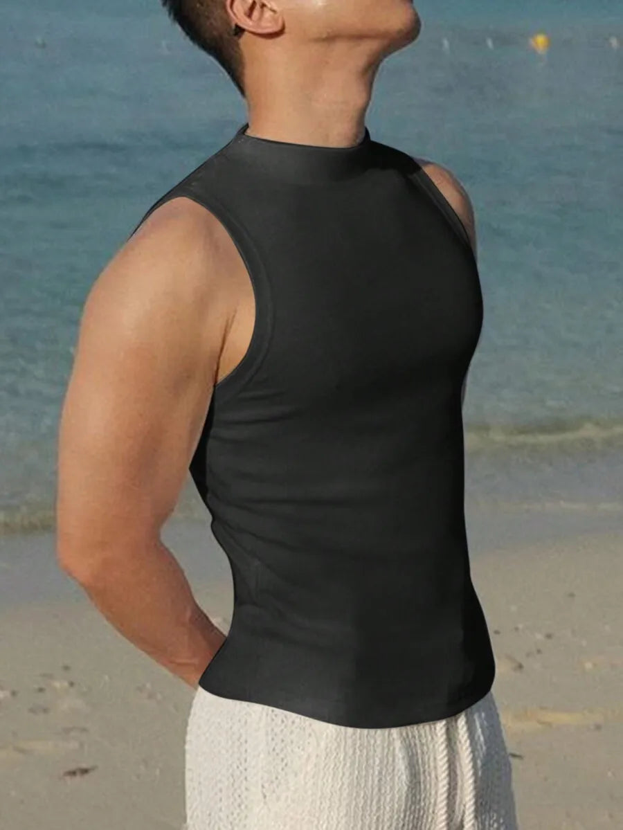 Manfinity Men's Solid Color Casual Modest/Stand Collar Black Tank Top, Summer Vacation