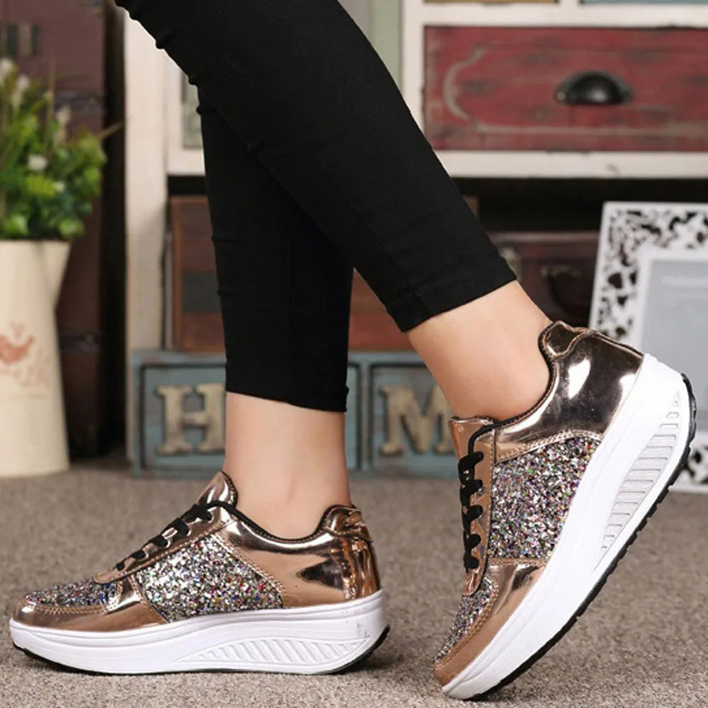 Fashion Ladies Women's Shoes Sport Wedges Shoes/Shake Silver Comfortable Jogging  Lace-Up Running Sneakers