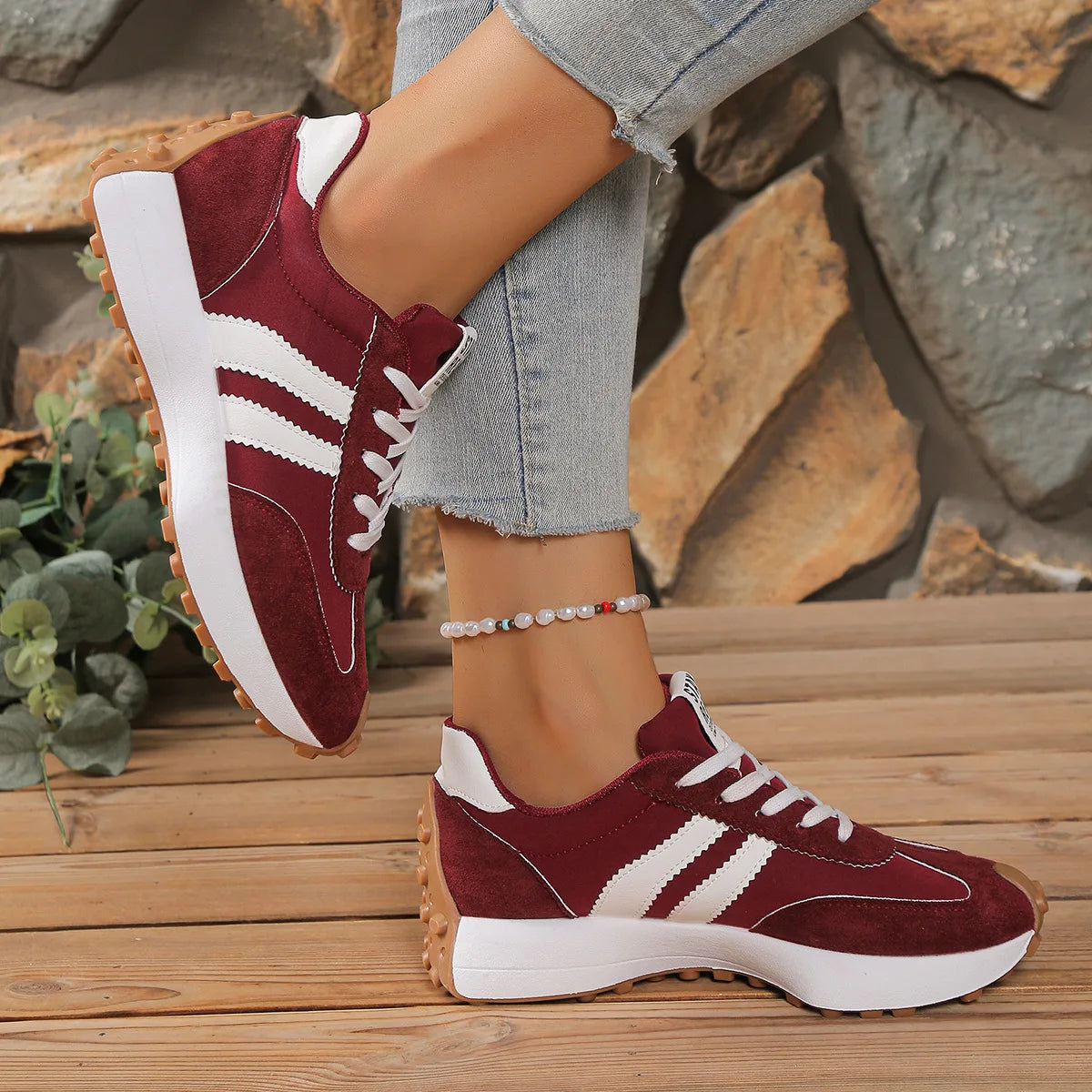 Multi Color Women Retro 3 Stripes Suede Lace Up Sneakers/Low Top Lightweight Breathable Walking Trainers Non Slip Comfortable Shoes
