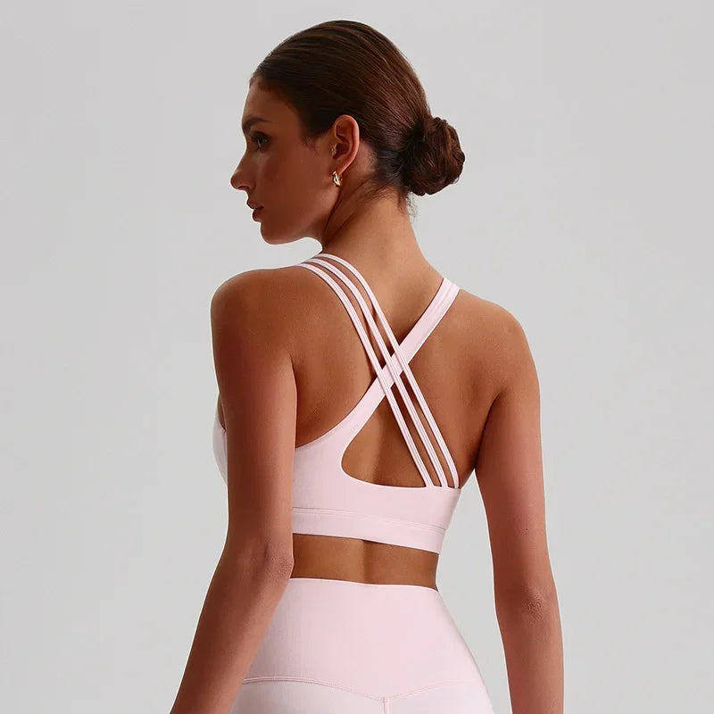 Solid Color Butter Cross Gym Yoga Underwear Women Cross Back/Shoulder Straps Fitness Sport Bra High Impact Push Up Top With Pad