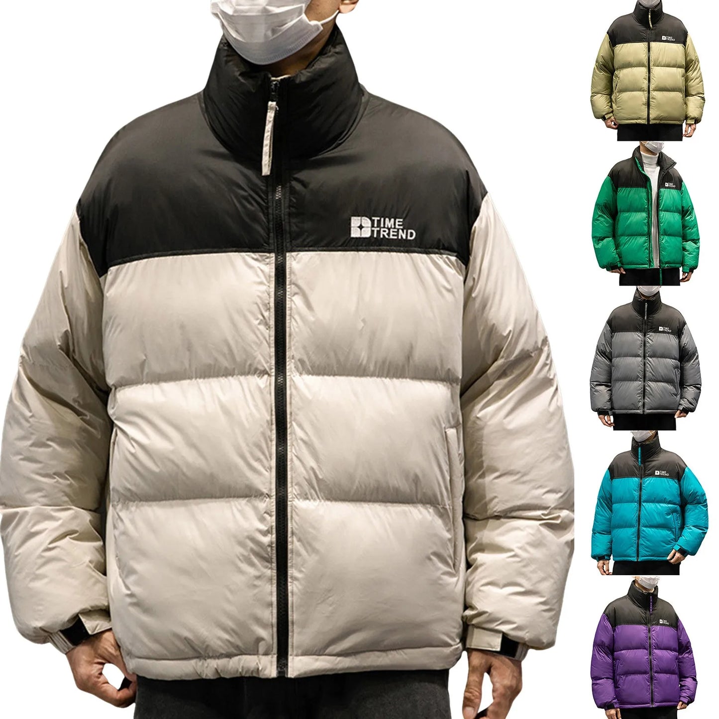 Thickened Padded Jacket Male Color Block Stand Up Collar Quilted Jackets/Outdoor Sport Warm Hiking Male Long Sleeve