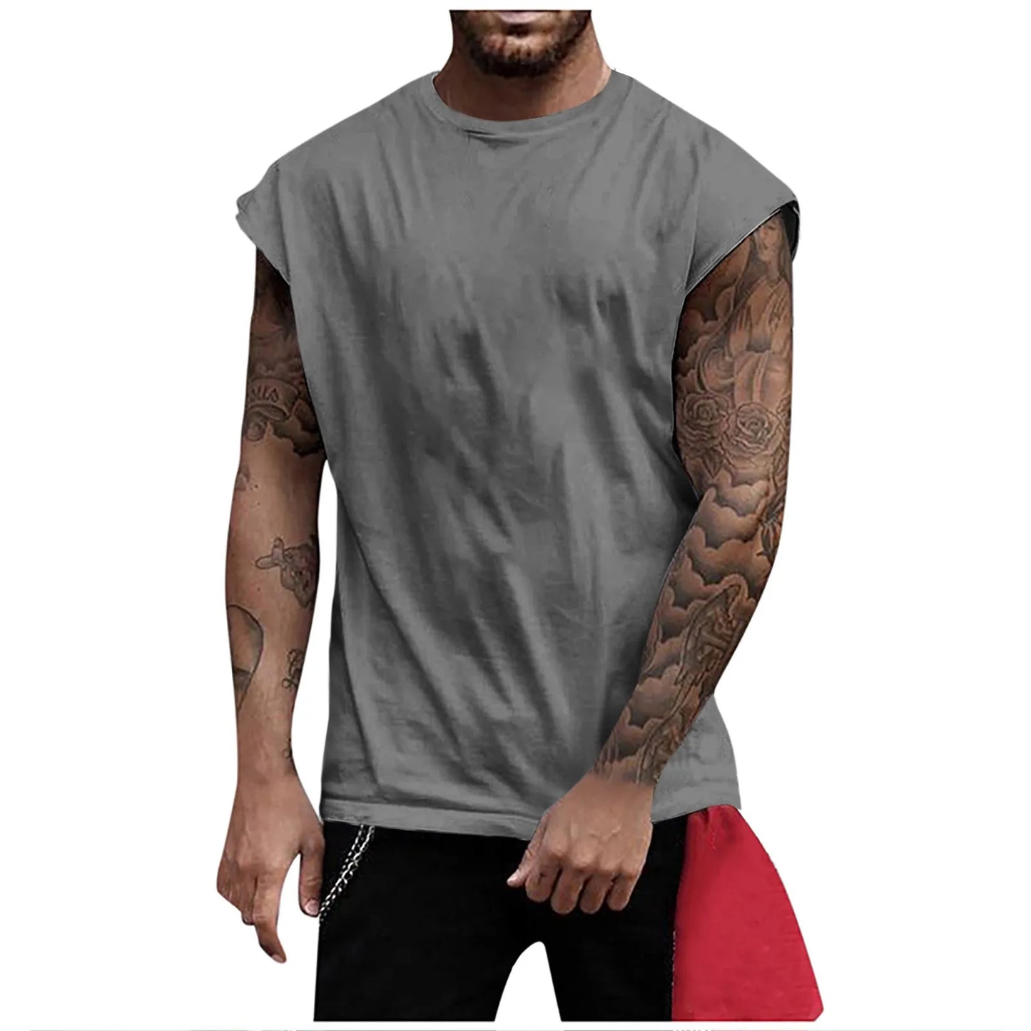 Summer Men's Solid Color Printed Sweat-Absorbing Breathable/Shoulder Expanding Sleeveless Vest Man Sleeveless Shirt