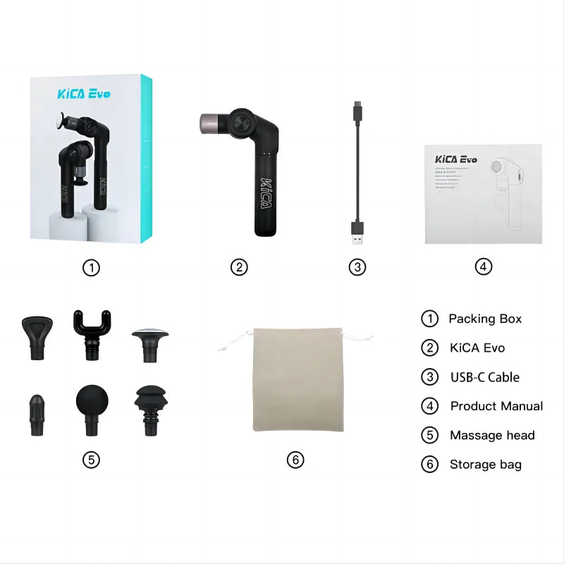 KiCA Evo Adjustable Fascia Gun with 6 Massage Heads and Heat/3 Gear 3200rpm 9cm Extension Rod Muscle Relaxation