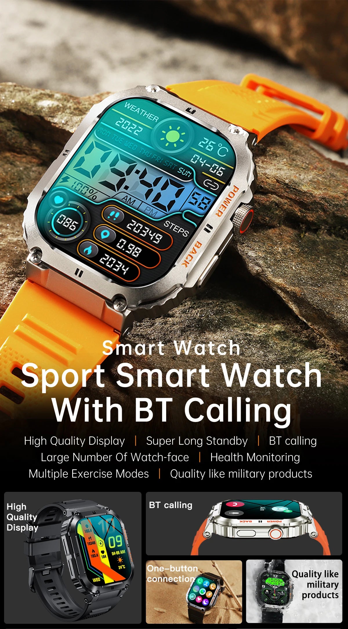 LIGE Outdoor Sports Fitness Smartwatch For Men 1.96 Inch Screen/Bluetooth Calling Waterproof Keeps Track of Blood Oxygen