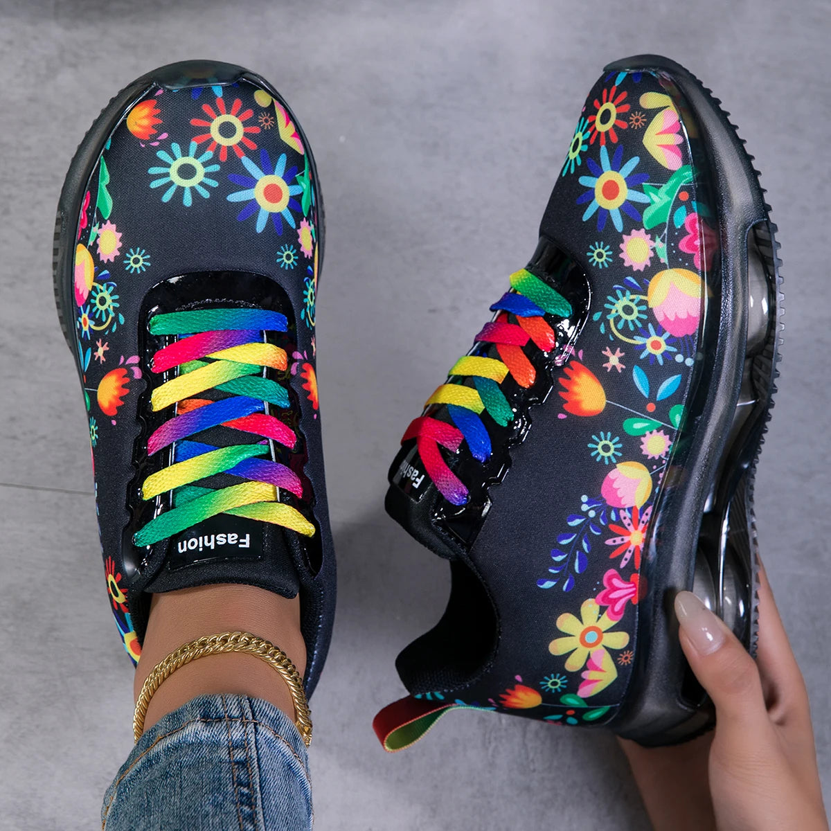Women Floral Print Air Cushion Sneakers Colorful Rainbow Laces/Breathable Lightweight Shock Absorb Non Slip Lace Up Running Shoes