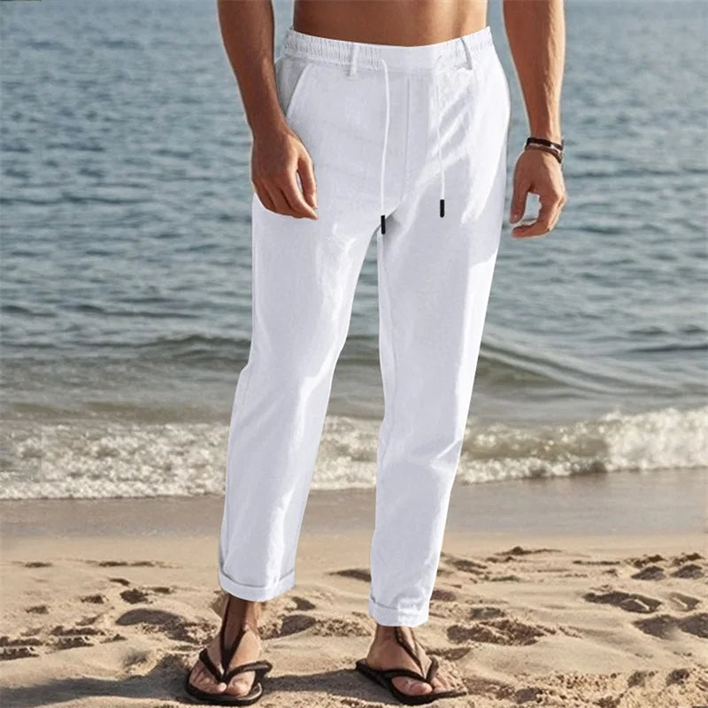 Men s Lightweight Drawstring Linen Pants with Pockets Comfortable/Straight Leg Casual Trousers for Summer Beach Wear